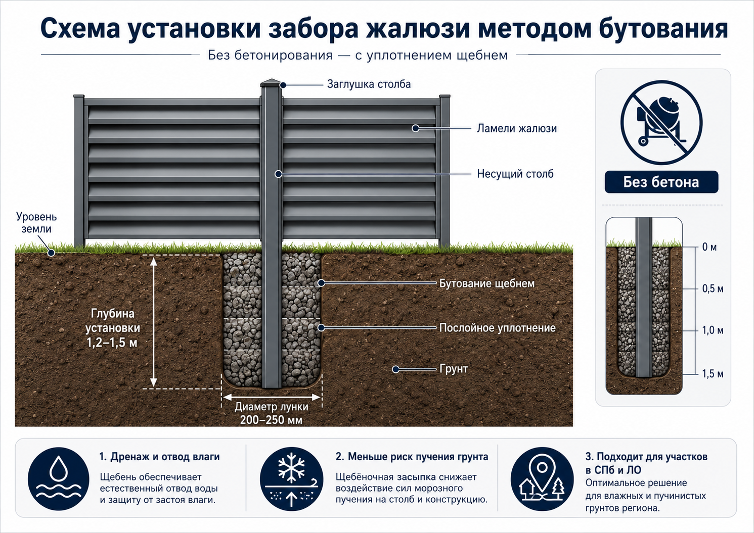 Схема установки забора жалюзи методом бутования
